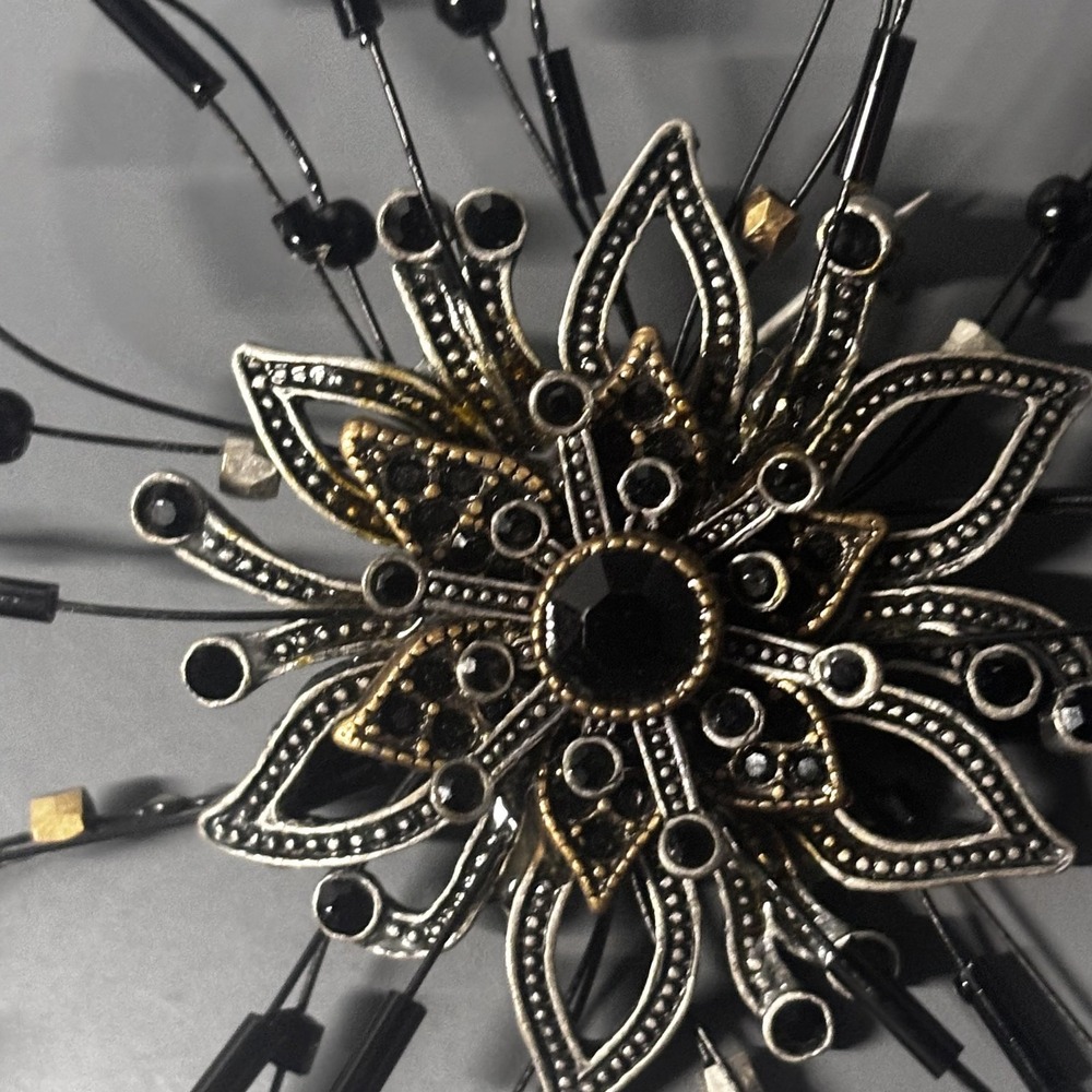 Large Statement Flower Starburst Brooch Pin Black Rhinestone Beaded Silver Tone - Picture 10 of 12
